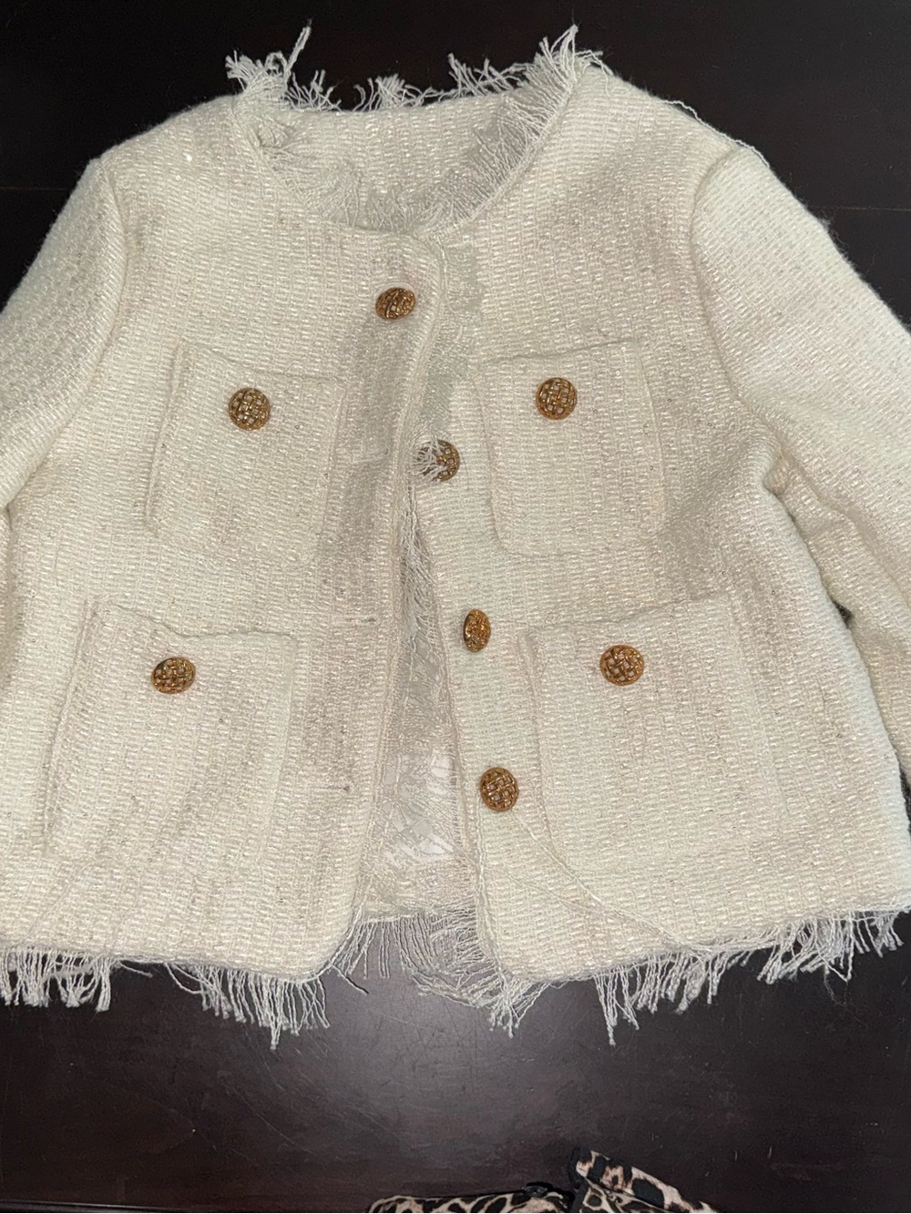 Girls' Cream Tweed Frayed Pocket Jacket with Gold Buttons